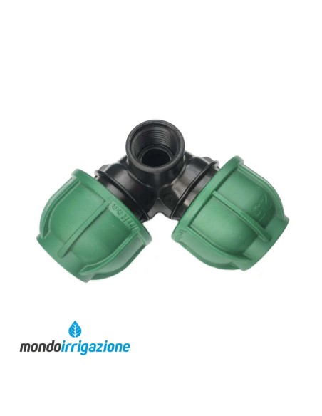 Raccordo compressione gomito 90 con derivazione irrigatore filetto femmina 25x1/2"